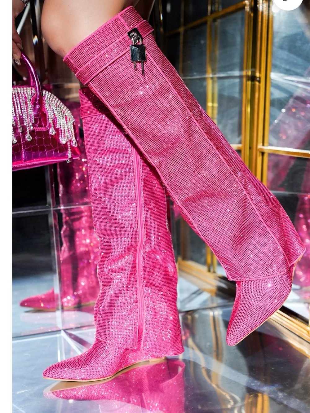 Barbie pink rhinestone shark boot heel wedge sz 6